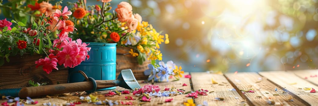 A wooden table is adorned with an assortment of vibrant flowers and gardening tools, set against a blurred natural backdrop.