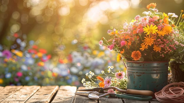 Colorful flowers and gardening tools neatly arranged on a wooden table, set against a blurred natural background.