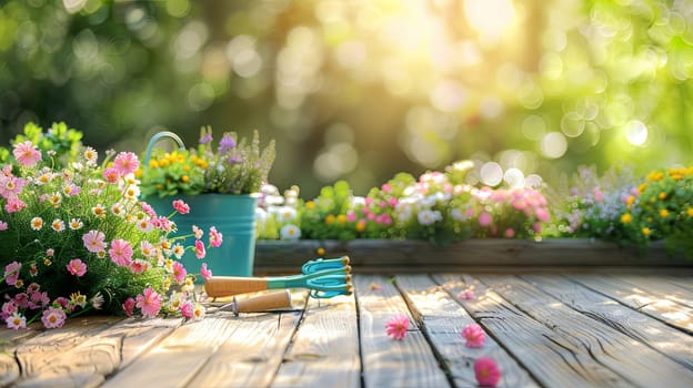 Numerous colorful flowers and garden tools arranged on a wooden table with a blurred natural background.