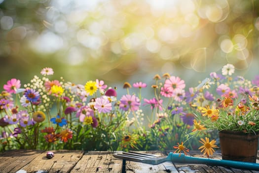 A wooden table adorned with an array of colorful flowers and garden tools against a blurred natural backdrop.