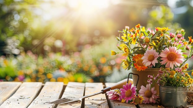 A vibrant watering can filled with colorful flowers is placed on a wooden table, surrounded by garden tools, against a blurred natural background.