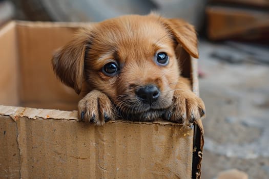 A cute puppy looks out of a cardboard box. Pets.