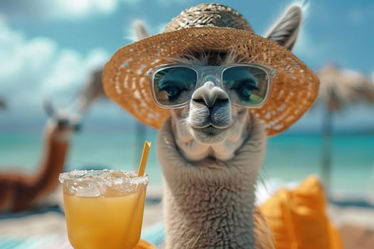 Llama in a brimmed hat and a cocktail at the resort. Vacation concept.