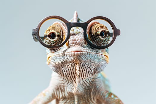 White chameleon with glasses on a white background.