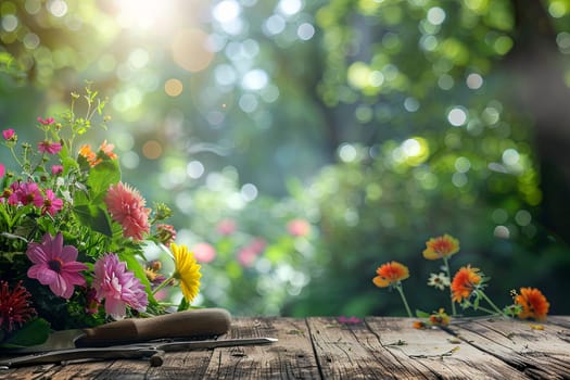 A wooden table is covered in bright and colorful flowers, along with garden tools, set against a blurred natural background.