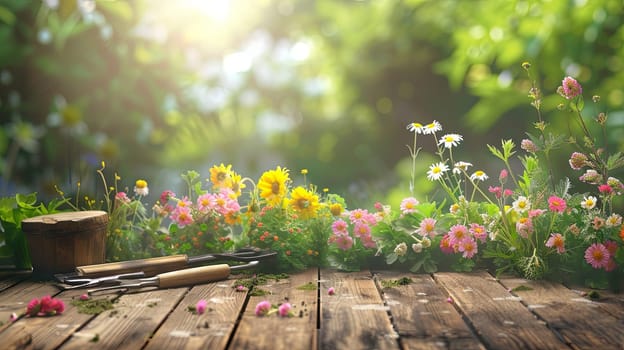 Numerous colorful flowers and garden tools arranged on a wooden table against a blurred natural backdrop.