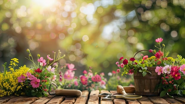 A wooden table adorned with an array of colorful flowers and various gardening tools, set against a blurred natural background.