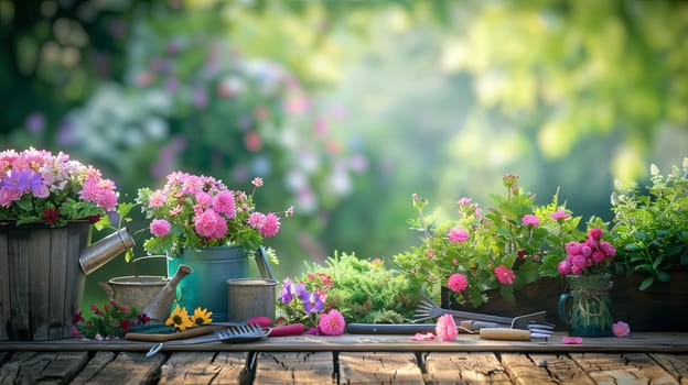 Colorful flowers and potted plants arranged neatly on a wooden table with garden tools in the background against a blurred natural setting.