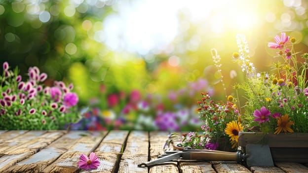 A variety of vibrant flowers and garden tools arranged neatly on a wooden table, set against a blurred natural background.