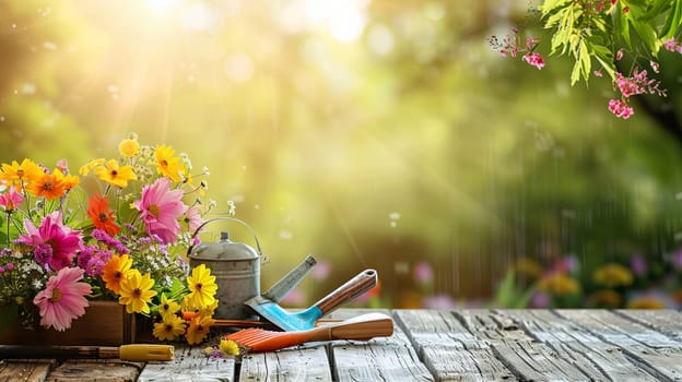 Colorful flowers and gardening tools arranged on a wooden table, set against a blurred natural backdrop.