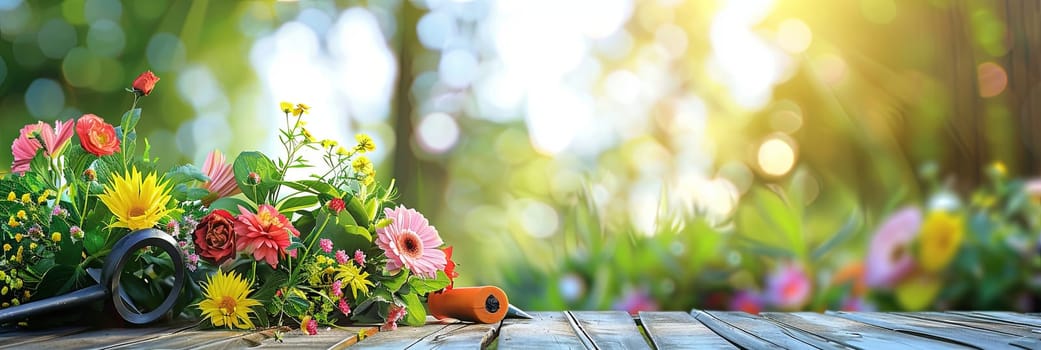 Wooden table covered with an array of vibrant flowers and garden tools against a blurred natural backdrop.