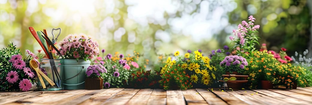 A collection of vibrant flowers arranged on a wooden table outdoors, against a blurred natural backdrop.