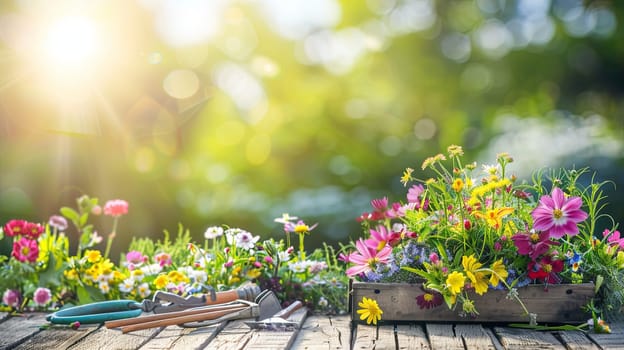 Colorful flowers and garden tools arranged on a wooden table, set against a blurred natural background.