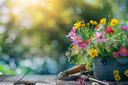 A potted plant with colorful flowers sits on a wooden table, surrounded by garden tools, against a blurred natural background.