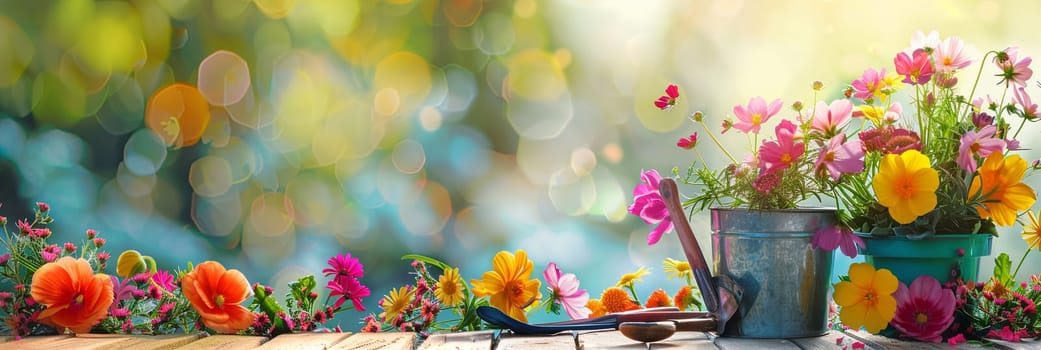 Colorful flowers and garden tools arranged on a wooden table, with a blurred natural background.