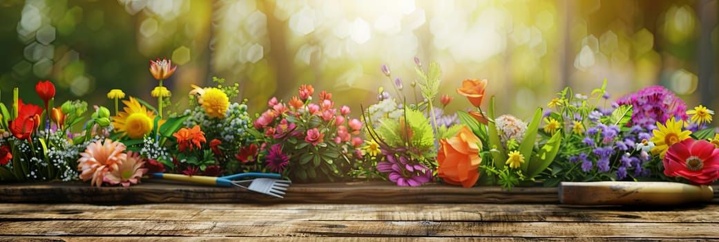 A wooden table is covered with a variety of colorful flowers and garden tools, set against a blurred natural background.