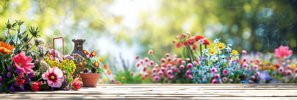 A wooden surface covered in an array of colorful flowers and garden tools, set against a blurred natural background.