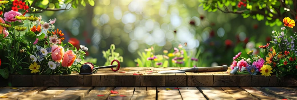 Wooden table covered with colorful flowers and garden tools, set against a blurred natural background.