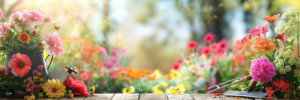 Many vibrant flowers and garden tools arranged on a wooden table, set against a blurred natural backdrop.