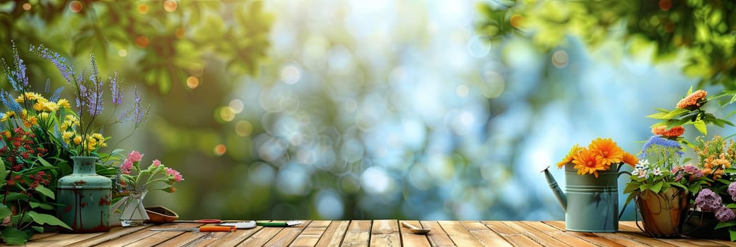 A variety of vibrant flowers and garden tools neatly arranged on a wooden table outdoors.