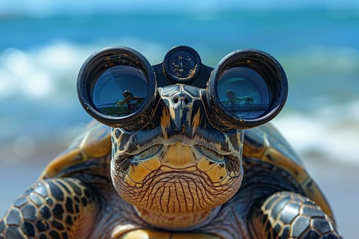 Turtle with binoculars in front of his eyes on a sandy beach.