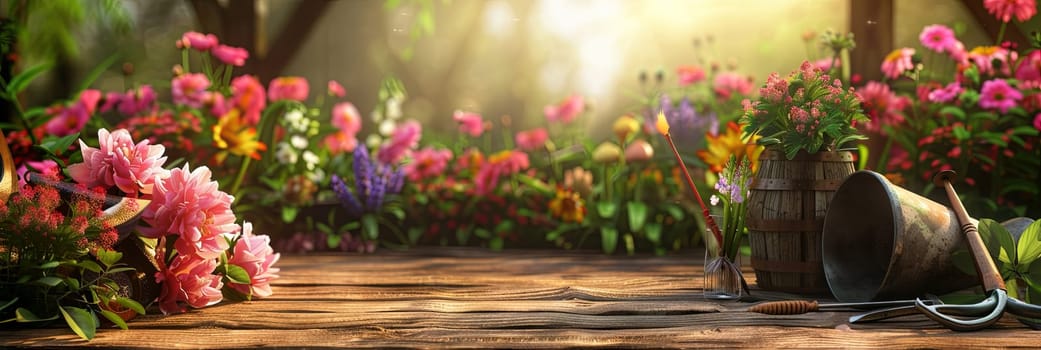 A garden bursting with vibrant colors from a multitude of flowers, set against a blurred natural background with garden tools scattered across a wooden surface.