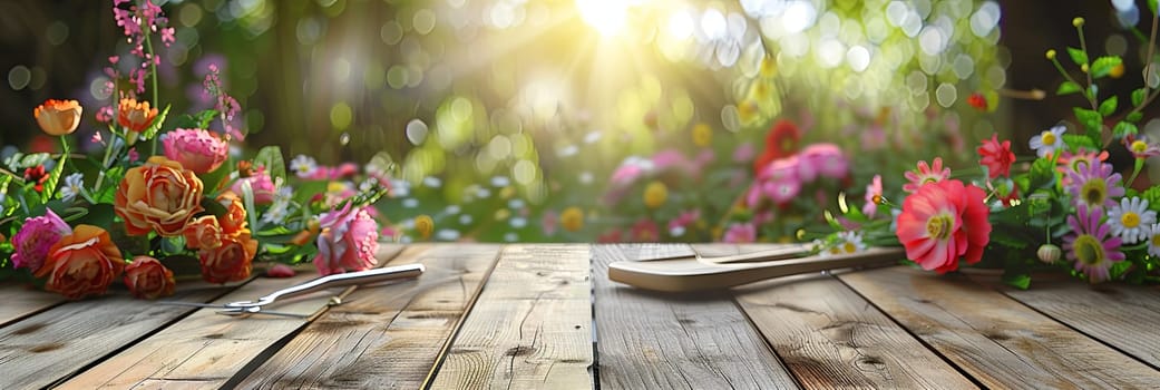 Various colorful flowers and garden tools arranged on a wooden table in a garden setting.