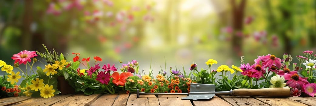 A wooden table adorned with an array of vibrant flowers and garden tools, set against a blurred natural background.