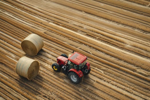 A tractor transporting a bale of hay across a rural field on a sunny day.