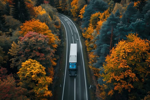 A truck travels down a road flanked by dense trees, creating a scenic drive through a wooded area.