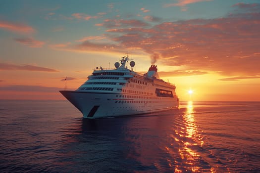 A cruise ship is seen sailing in the ocean during a vibrant sunset, with the colorful sky reflecting on the water.