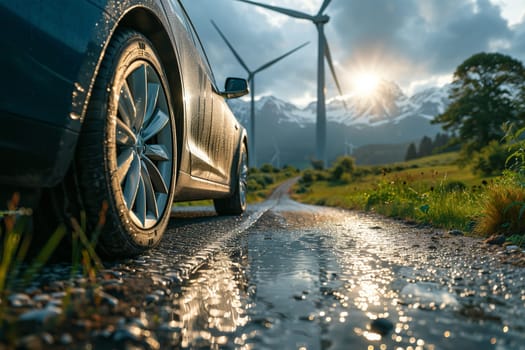 A car drives down a road next to a row of towering wind turbines, generating renewable energy.