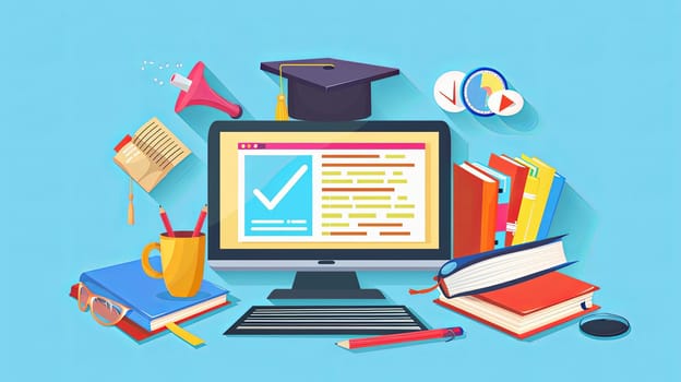 A graduation cap sits atop a computer screen surrounded by books, symbolizing online education and personal development through distance learning.