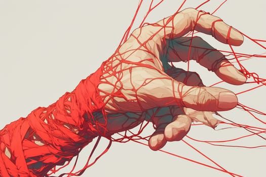 A hand depicted in a drawing holding onto a vibrant red string.