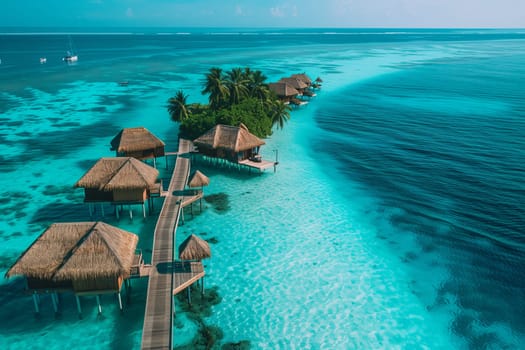 A top-down perspective of a beach resort situated on a sandy shore surrounded by the vast ocean.