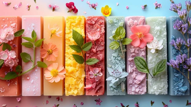 Colorful flowers on pieces of soap. Environmental background design.