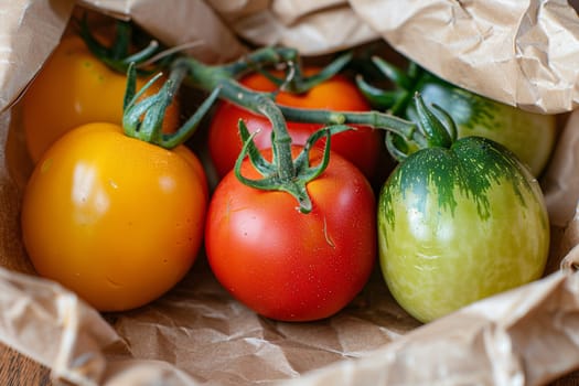 Various vibrant tomatoes of different colors placed in a paper bag.