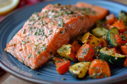 A blue plate is shown, with grilled salmon and assorted vegetables neatly arranged on top.