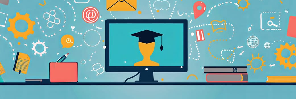 A graduation cap placed on a computer screen, symbolizing online education, training, and e-learning for personal and professional development in the EdTech industry.