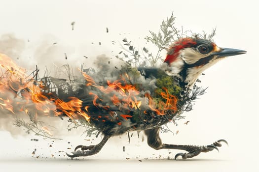 A woodpecker with fiery feathers burning brightly against a forest background symbolizes danger to animals and the environment.