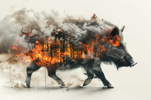 A painting depicting a wild boar surrounded by raging flames in a forest setting, symbolizing danger and the impact of fire on ecology.