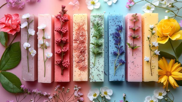 Colorful flowers on pieces of soap. Environmental background design.