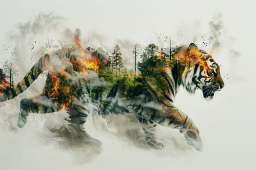 A painting of a tiger surrounded by fiery flames in a forest setting, depicting danger and ecological imbalance.