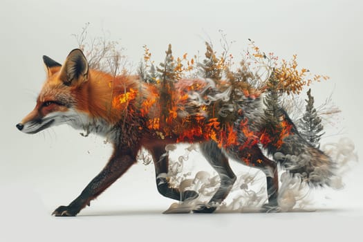 A fox emitting a large amount of smoke in a forest, highlighting danger to animals and the ecology.