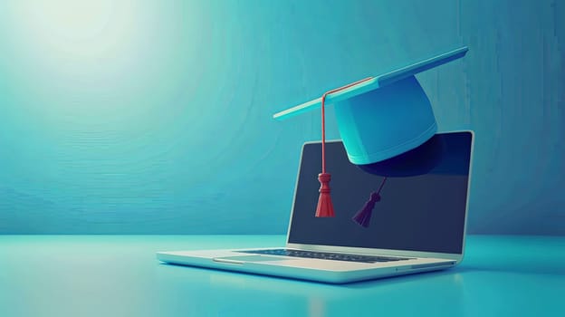 A laptop displaying an EdTech concept with a graduation cap placed on top, symbolizing online education and professional qualifications.