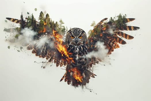 An owl with wings resembling a forest on fire spreads its wings, symbolizing the clash between wildlife and destructive wildfires.