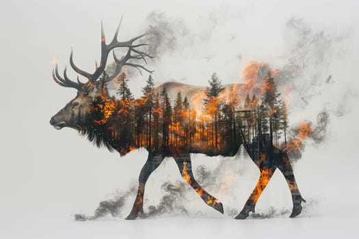 A painting depicting a deer with trees growing on its back, emphasizing the intertwining relationship between animals and nature in the face of ecological dangers.