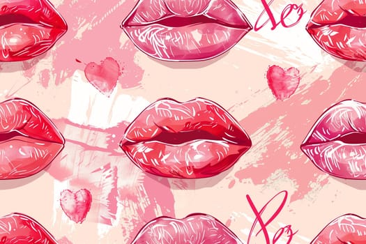 Several female lips in various shades of red are arranged on a vibrant pink background.