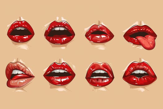 Multiple female red lips with different facial expressions arranged together.
