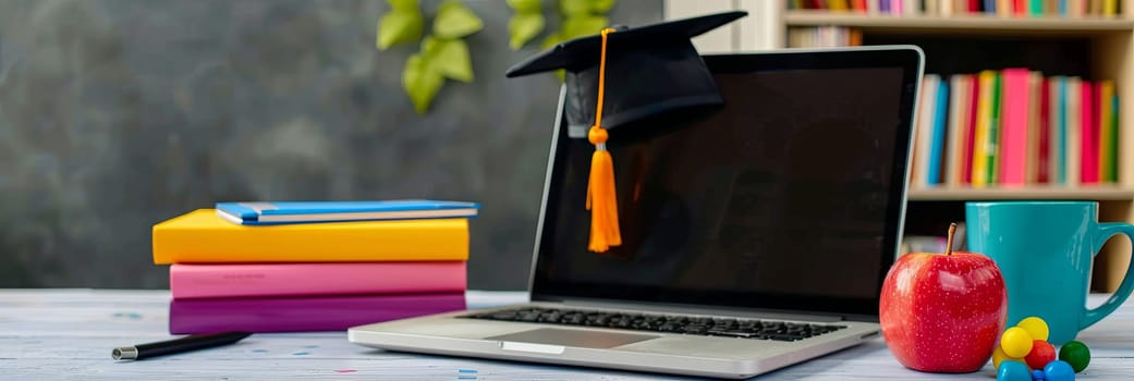 A laptop computer is placed on top of a table, emphasizing EdTech and online education concepts.